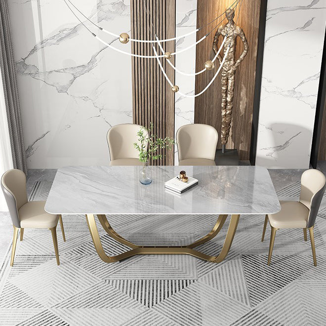 Glam Style Dinner Table Stone Rectangle Dining Site Table in White