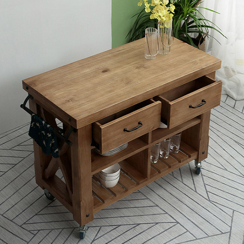 Modern Kitchen Island Table Pine Wood Prep Table with Towel Rack