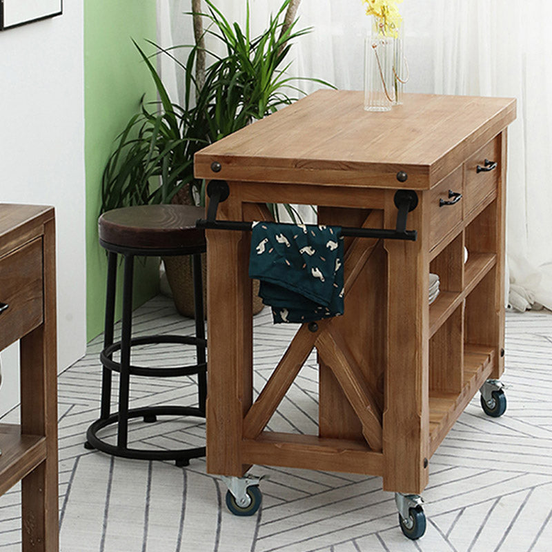 Modern Kitchen Island Table Pine Wood Prep Table with Towel Rack