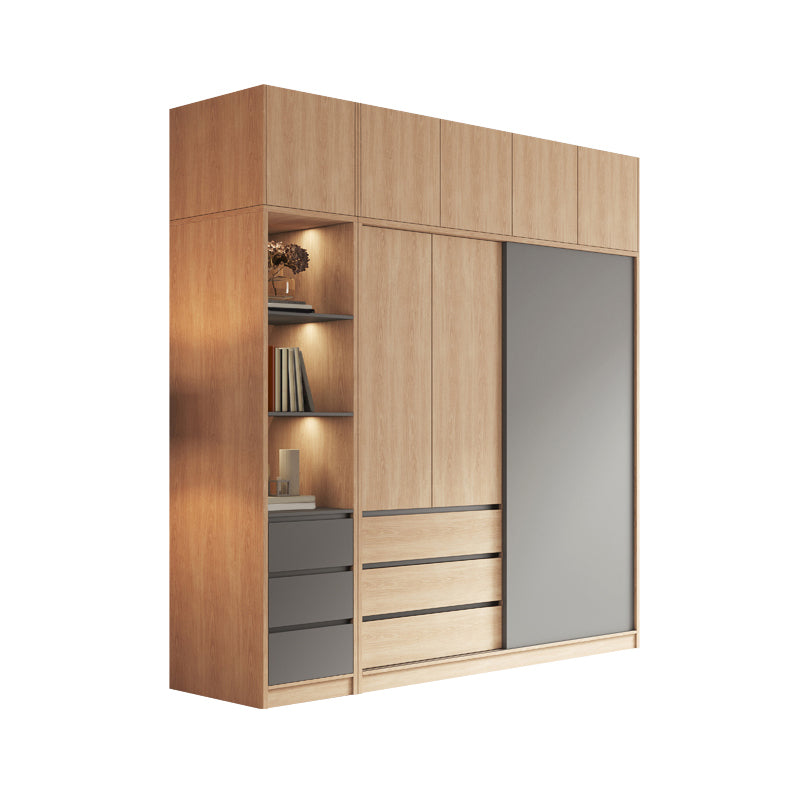 Bedroom Sliding Door Storage Cabinet Light Wood Finish Modern Cabinet with Drawers