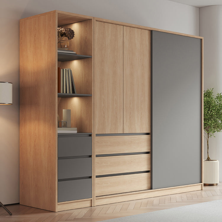Bedroom Sliding Door Storage Cabinet Light Wood Finish Modern Cabinet with Drawers