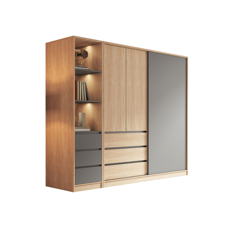 Bedroom Sliding Door Storage Cabinet Light Wood Finish Modern Cabinet with Drawers