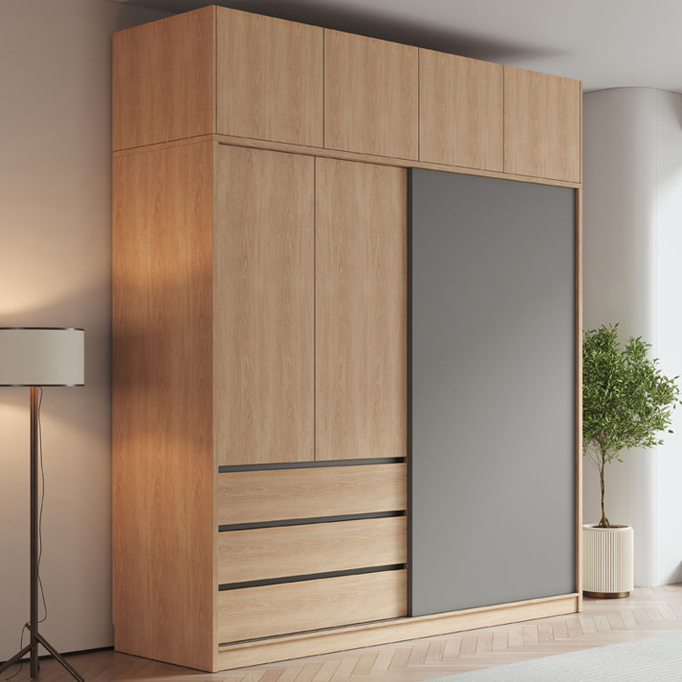 Bedroom Sliding Door Storage Cabinet Light Wood Finish Modern Cabinet with Drawers