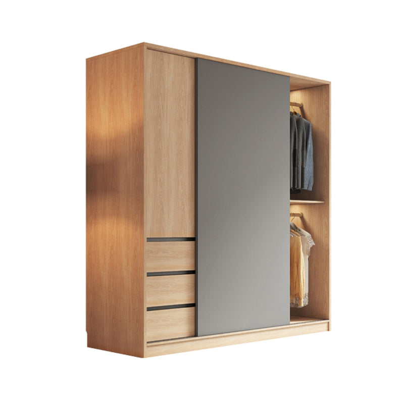 Bedroom Sliding Door Storage Cabinet Light Wood Finish Modern Cabinet with Drawers