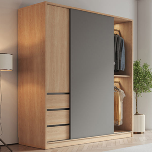 Bedroom Sliding Door Storage Cabinet Light Wood Finish Modern Cabinet with Drawers