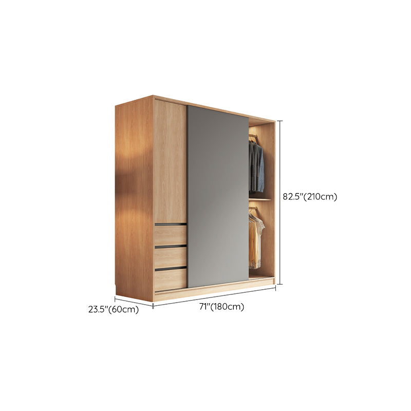 Bedroom Sliding Door Storage Cabinet Light Wood Finish Modern Cabinet with Drawers