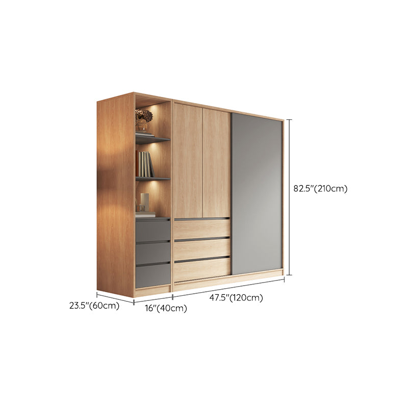 Bedroom Sliding Door Storage Cabinet Light Wood Finish Modern Cabinet with Drawers