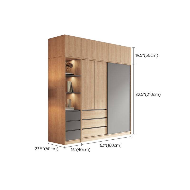 Bedroom Sliding Door Storage Cabinet Light Wood Finish Modern Cabinet with Drawers