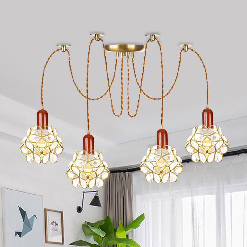 2/3/4-Head Clear Water Glass Pendant Light Traditional Gold Flower Bedroom Swag Multiple Hanging Lamp