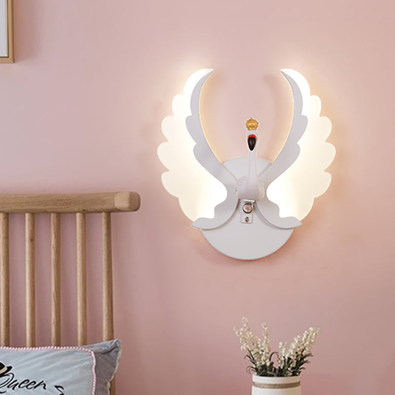 Swan Iron Wall Light Sconce Cartoon White/Pink Finish LED Wall Lamp Fixture with Acrylic Wing in White/Warm Light