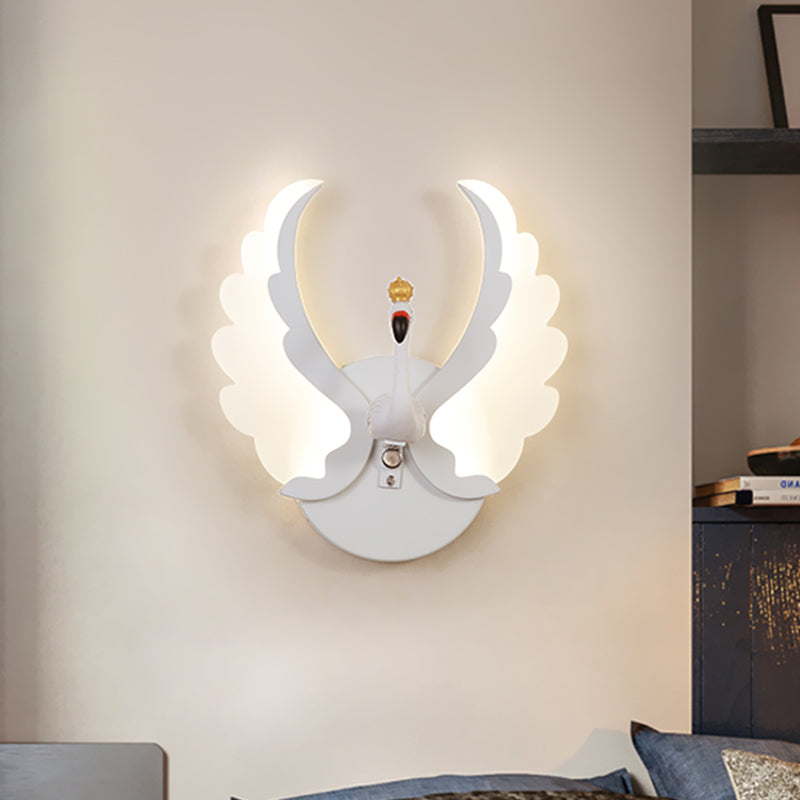Swan Iron Wall Light Sconce Cartoon White/Pink Finish LED Wall Lamp Fixture with Acrylic Wing in White/Warm Light