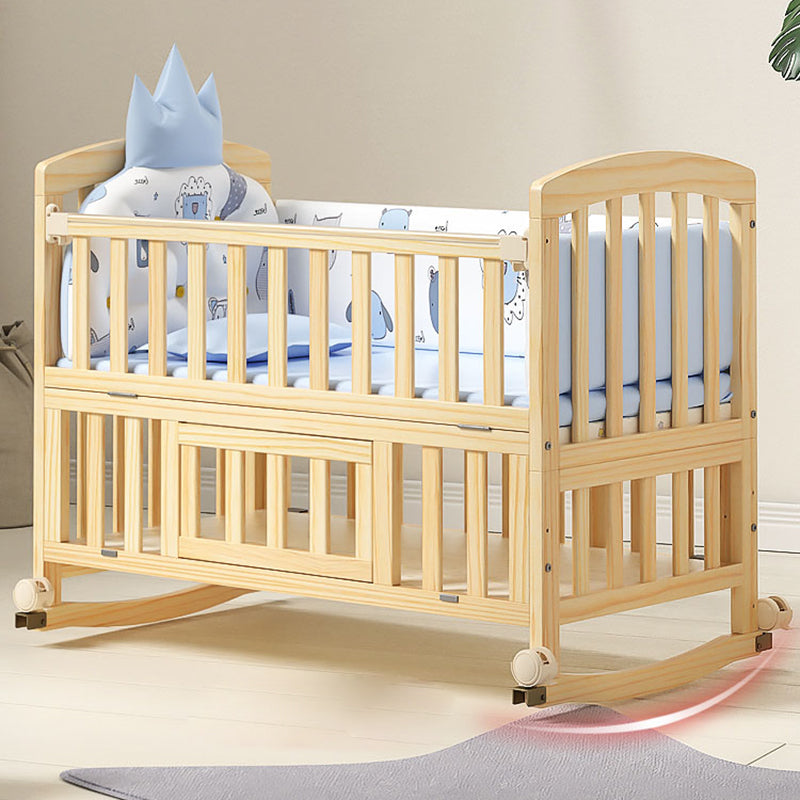 Solid Wood Convertible Crib in Natural Wooden Crib with Wheels and Storage