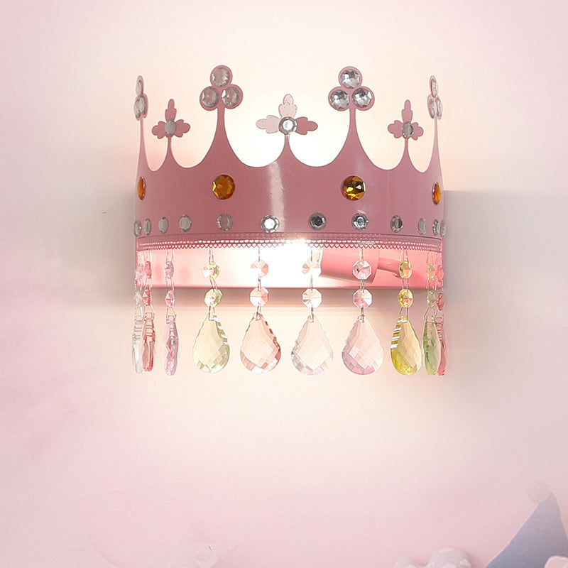 Crown Sconce Light Fixture Cartoon Iron LED Pink/Gold Wall Mount Light with Crystal Drop Deco