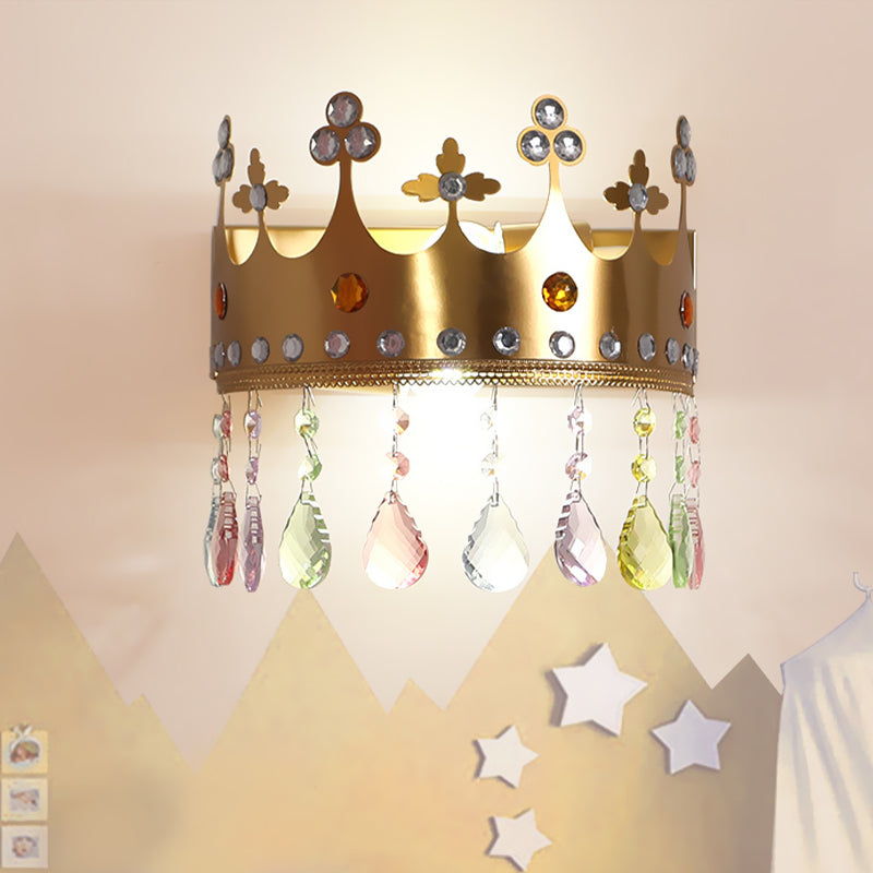 Crown Sconce Light Fixture Cartoon Iron LED Pink/Gold Wall Mount Light with Crystal Drop Deco