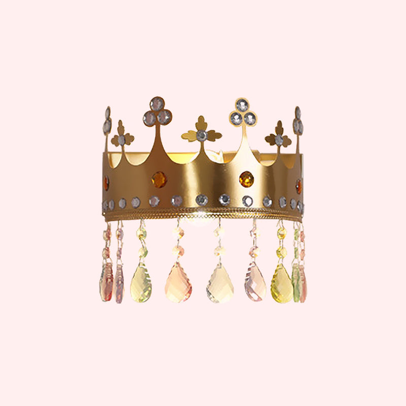 Crown Sconce Light Fixture Cartoon Iron LED Pink/Gold Wall Mount Light with Crystal Drop Deco