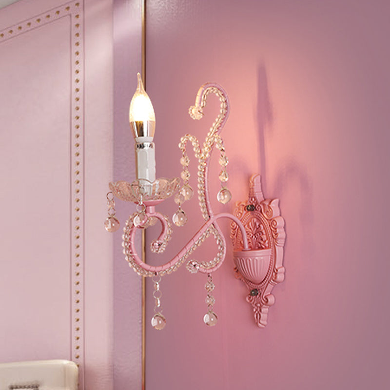 Metal Candle Wall Light Sconce Cartoon 1/2-Bulb Pink Finish Wall Lamp with Crystal Deco for Girls Bedside