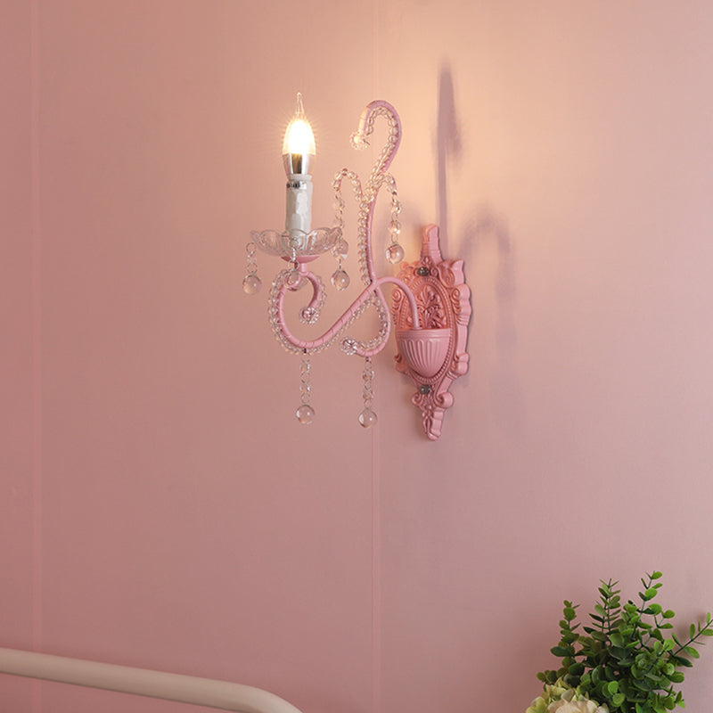 Metal Candle Wall Light Sconce Cartoon 1/2-Bulb Pink Finish Wall Lamp with Crystal Deco for Girls Bedside
