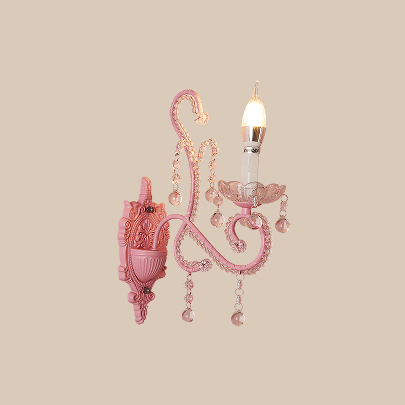 Metallkerzenwandleuchte Cartoon 1/2-Bulb Pink Finish Wandlampe mit Kristall-Deco für Mädchen Bett