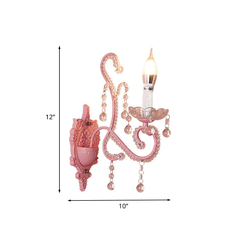 Metal Candle Wall Light Sconce Cartoon 1/2-Bulb Pink Finish Wall Lamp with Crystal Deco for Girls Bedside