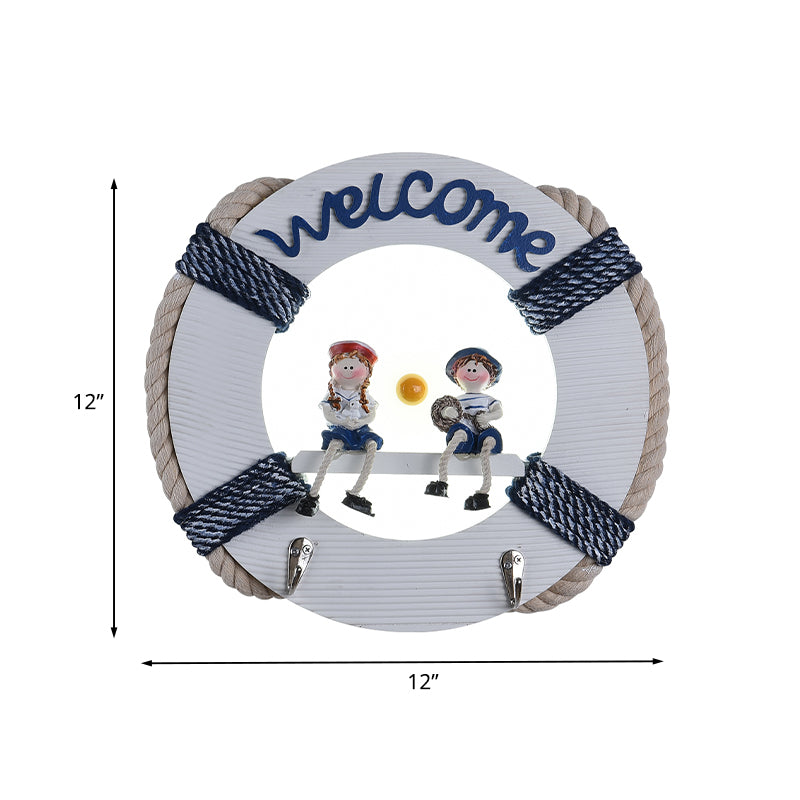 Life Buoy Wood Sconce Light Fixture Cartoon LED White Wall Mount Lamp in White/3 Color Light