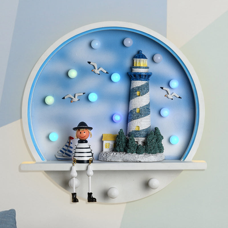 Wood Lighthouse Wall Sconce Kids LED Round Wall Lighting in White and Blue, White/3 Color Light