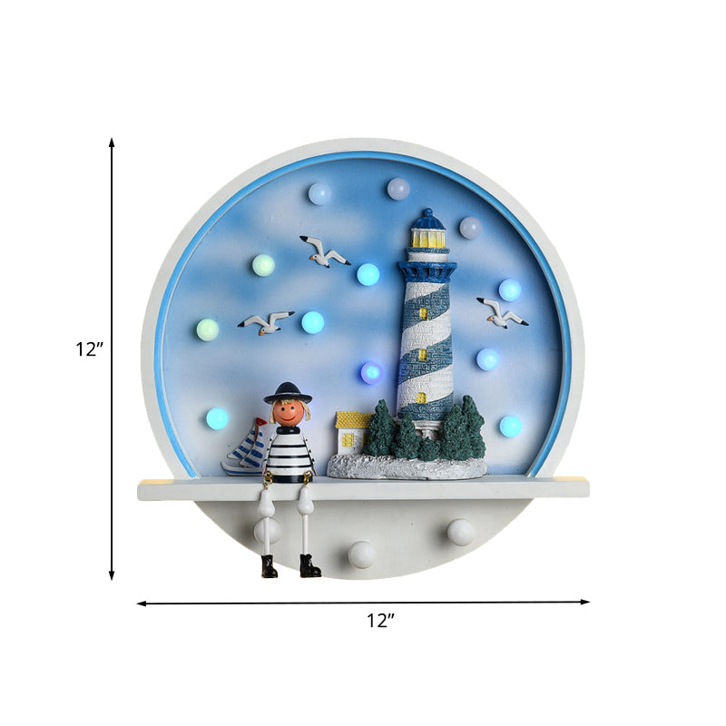 Wood Lighthouse Wall Sconce Kids LED Round Wall Lighting in White and Blue, White/3 Color Light