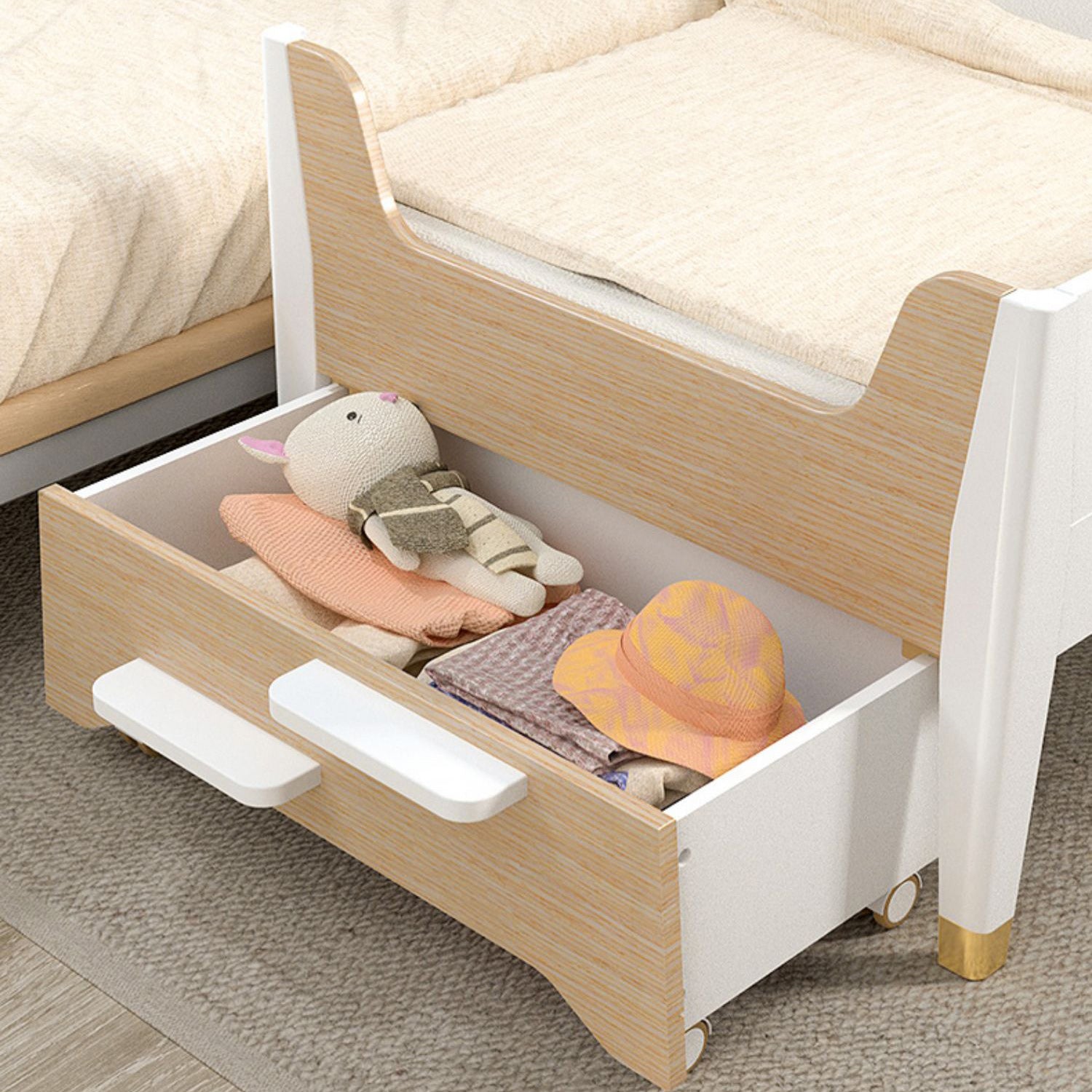 Solid Wood Baby Crib Modern Light Wood Nursery Bed with Guardrails