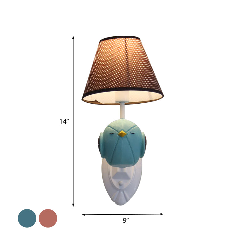 Pink/Blue Bird Wall Mount Light Cartoon 1 Head Resin Sconce Lamp Fixture with Cone Brown Fabric Shade
