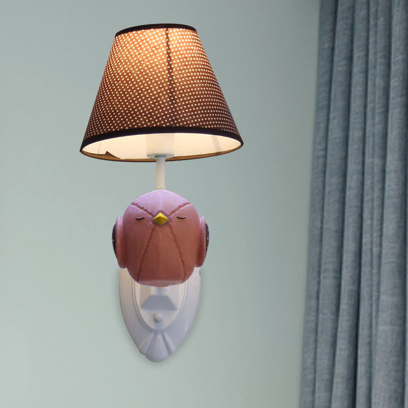 Pink/Blue Bird Wall Mount Light Cartoon 1 Head Resin Sconce Lamp Fixture with Cone Brown Fabric Shade