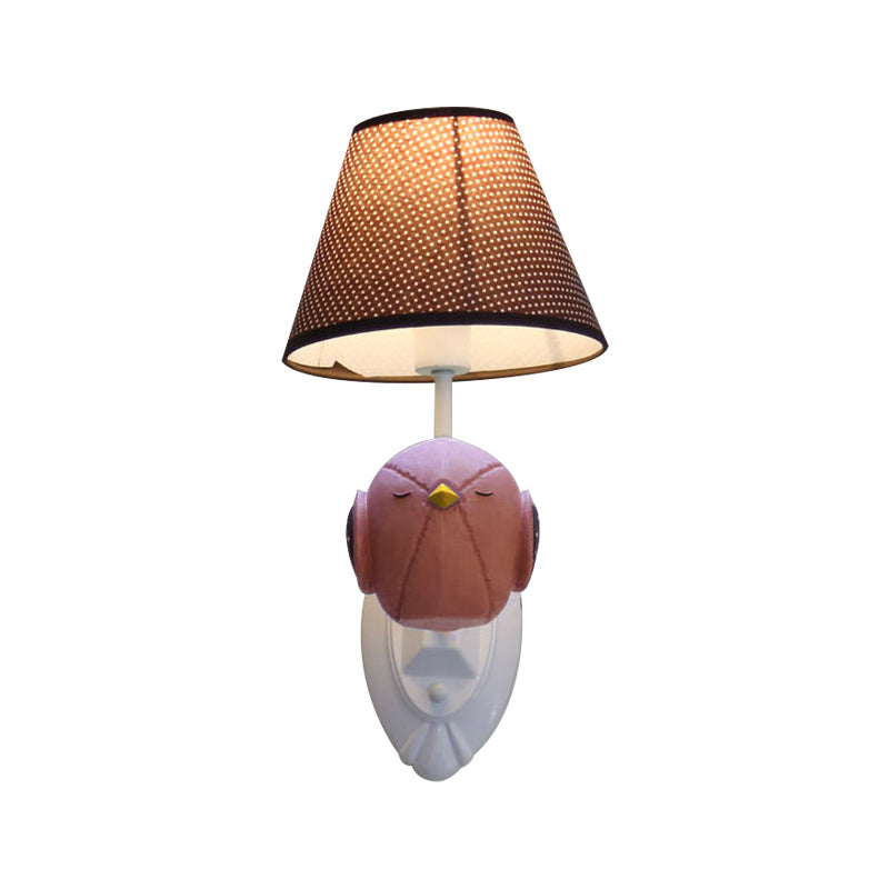 Pink/Blue Bird Wall Mount Light Cartoon 1 Head Resin Sconce Lamp Fixture with Cone Brown Fabric Shade