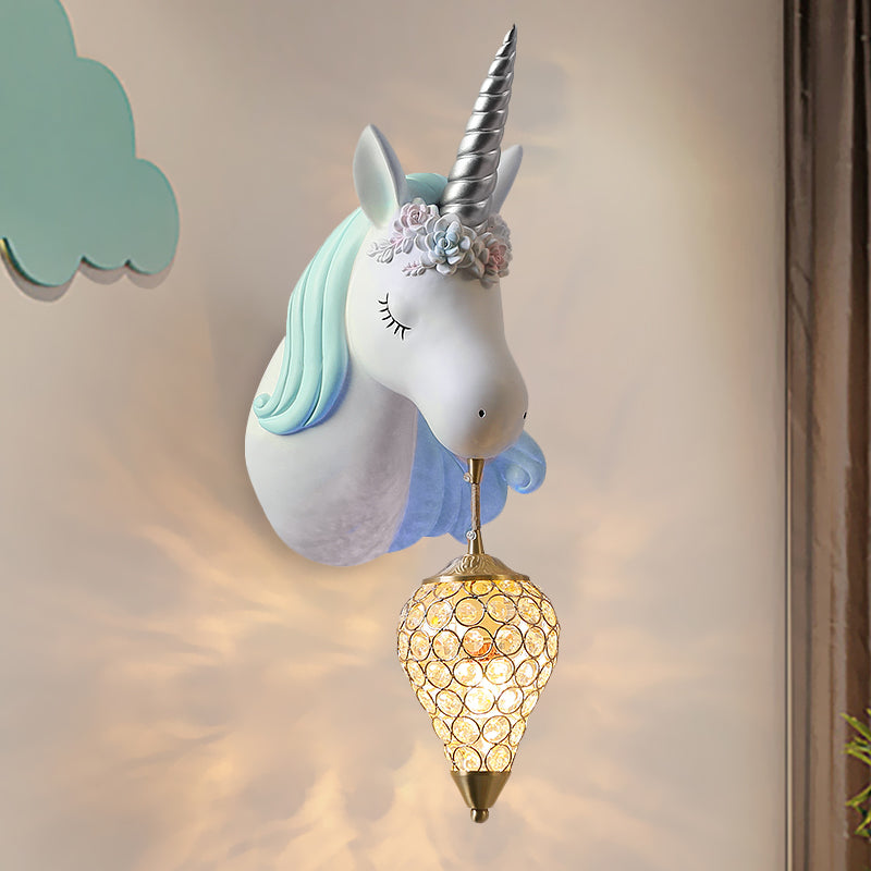 Blue/Pink Teardrop Wall Light Sconce Cartoon 1 Head Crystal Wall Mount Lamp with Unicorn Backplate, Right/Left