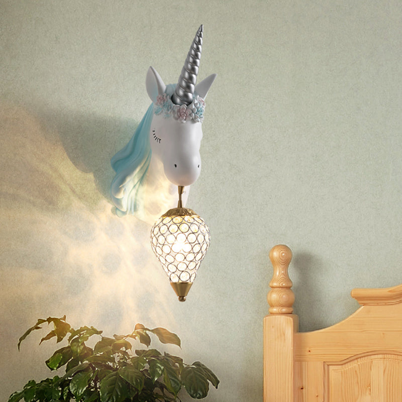 Blue/Pink Teardrop Wall Light Sconce Cartoon 1 Head Crystal Wall Mount Lamp with Unicorn Backplate, Right/Left