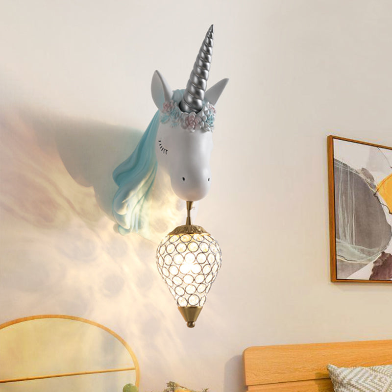 Blue/Pink Teardrop Wall Light Sconce Cartoon 1 Head Crystal Wall Mount Lamp with Unicorn Backplate, Right/Left