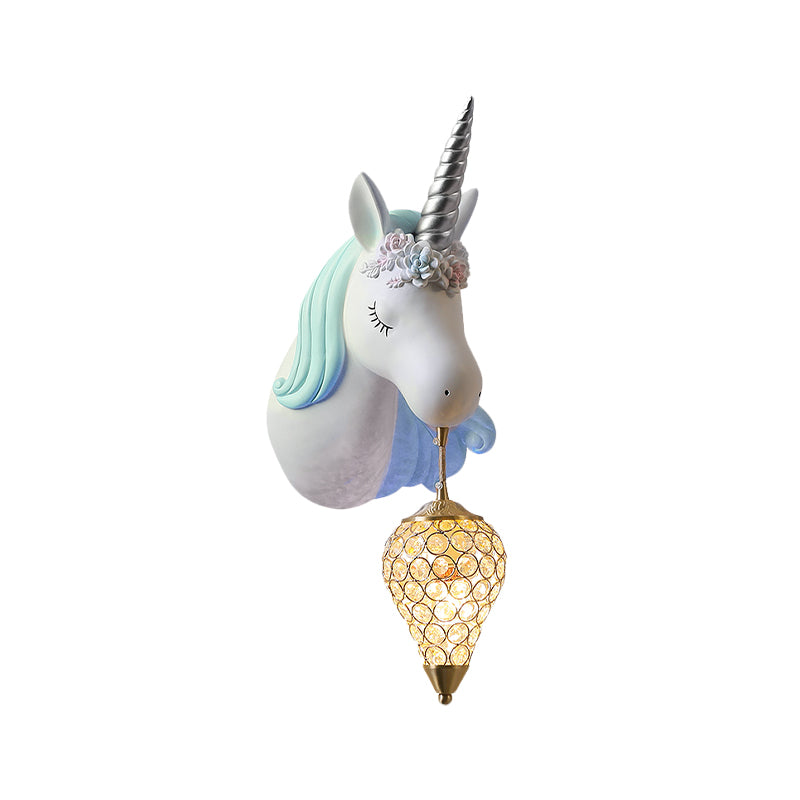 Blue/Pink Teardrop Wall Light Sconce Cartoon 1 Head Crystal Wall Mount Lamp with Unicorn Backplate, Right/Left