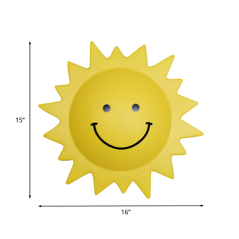 Lámpara de plástico en forma de sol Lámpara de pared LED de dibujos animados en amarillo para dormitorio infantil