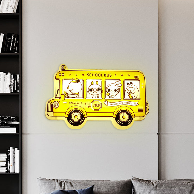 Éclairage d'éclairage en forme de bus jaune Carton de dessin animé LED Mur en plastique Lampe avec motif d'animaux