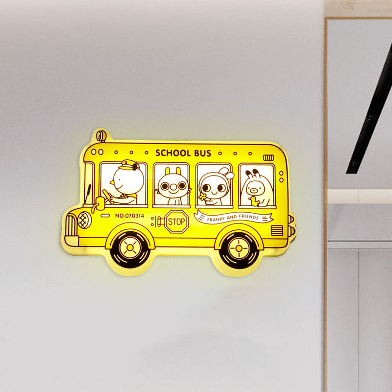 Éclairage d'éclairage en forme de bus jaune Carton de dessin animé LED Mur en plastique Lampe avec motif d'animaux