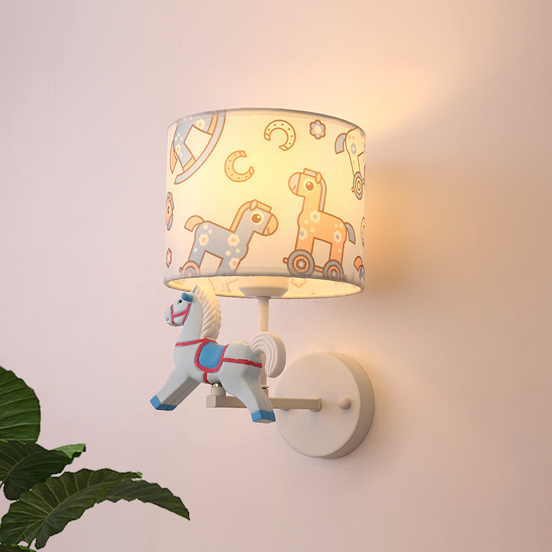 Trojan Horse Shape Wall Light Sconce Cartoon Resin 1 Light LED Pink/Blue Wall Lamp with Drum Fabric Shade