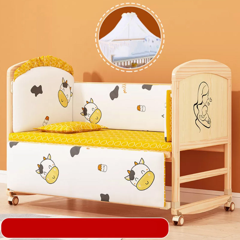 Scandinavian Solid Wood Nursery Crib Guardrail Baby Crib with Casters