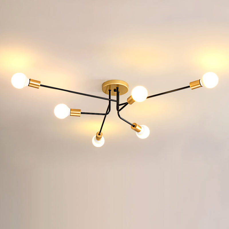 Sputnik Linear Semi Flush Mount Modernist Metal 6 Bulbs Gold and Black Finish Close to Ceiling Light