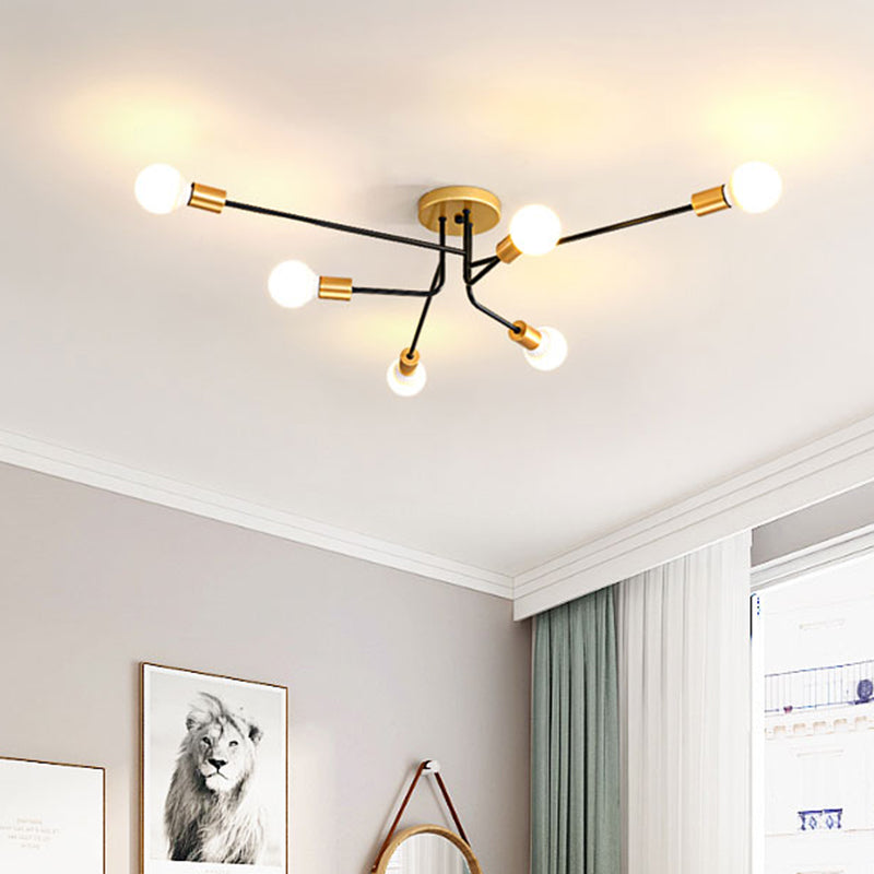 Sputnik Linear Semi Flush Mount Modernist Metal 6 Bulbs Gold and Black Finish Close to Ceiling Light