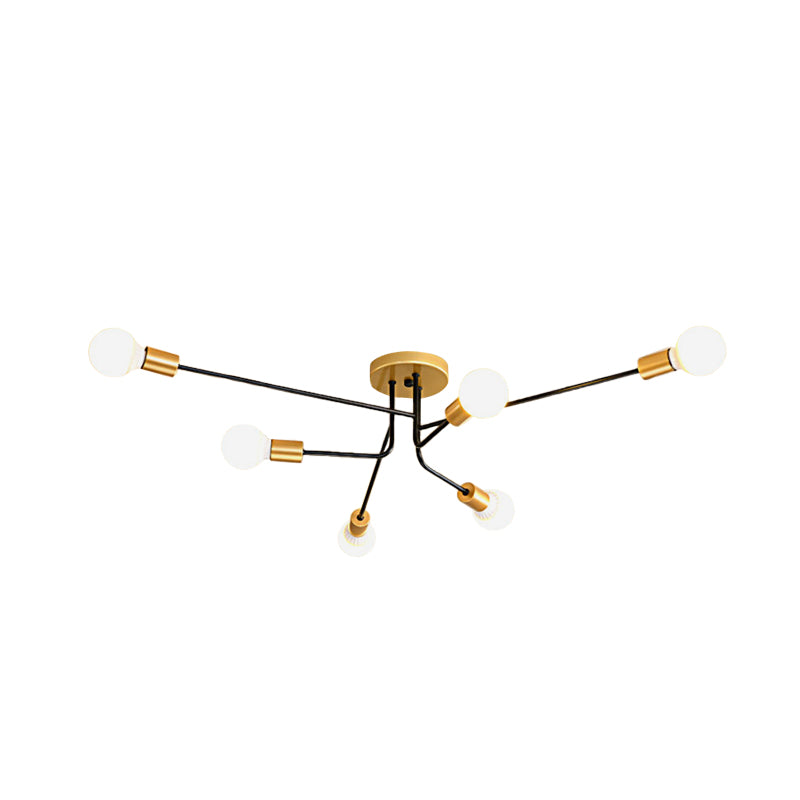 Sputnik Linear Semi Flush Mount Modernist Metal 6 Bulbs Gold and Black Finish Close to Ceiling Light