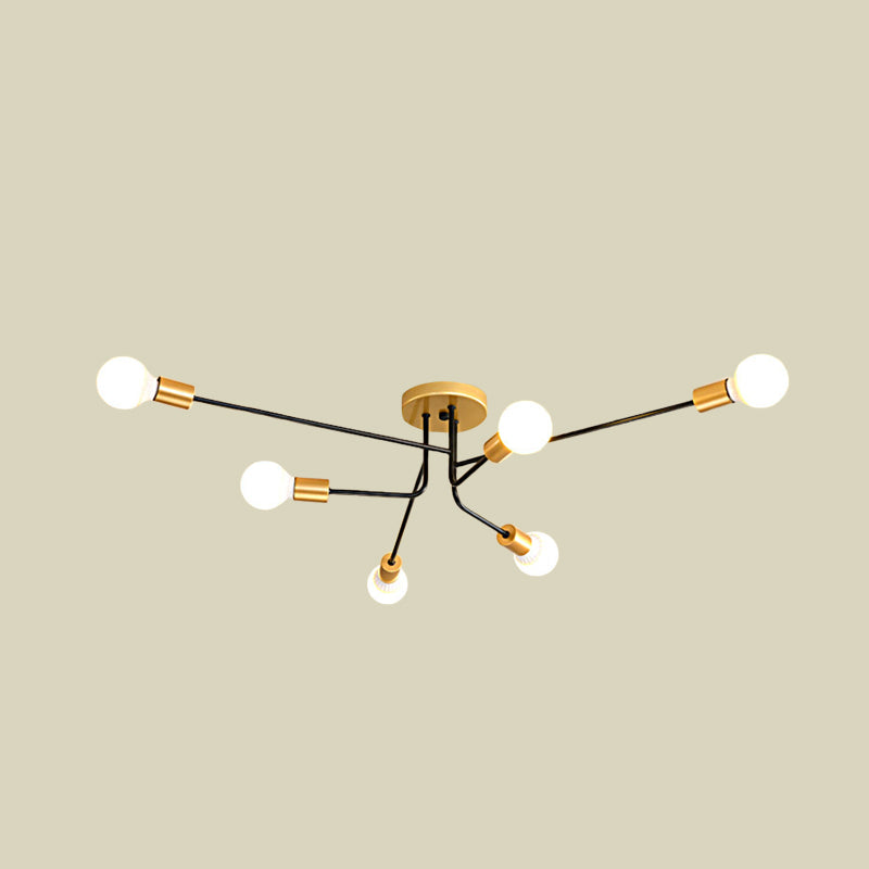 Sputnik Linear Semi Flush Mount Modernist Metal 6 Bulbs Gold and Black Finish Close to Ceiling Light