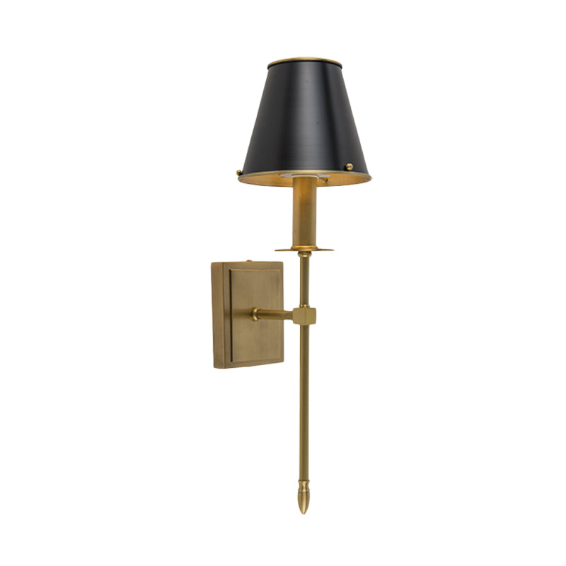 Post Modern Barrel Wall Lighting Metal 1 Light Corner Sconce in Black and Brass with Pencil Arm