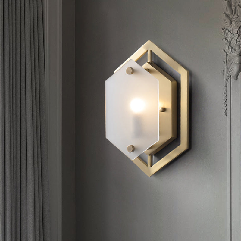 Hexagon Sconce Lighting Postmodern Metallic 1-Bulb Brass Wall Lamp Fixture with Translucent Glass Shade