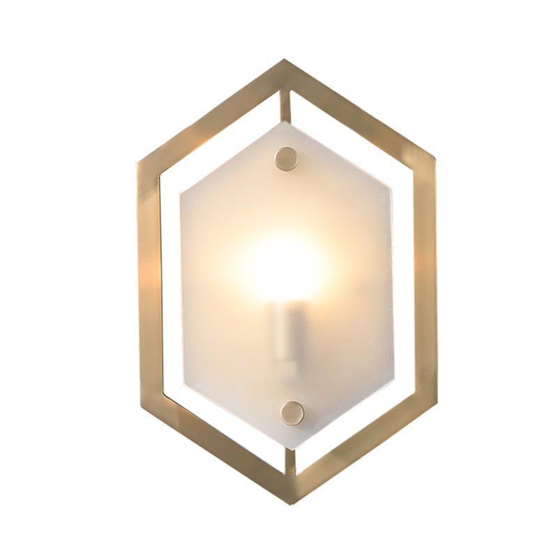 Hexagon Sconce Lighting Postmodern Metallic 1-Bulb Brass Wall Lamp Fixture with Translucent Glass Shade