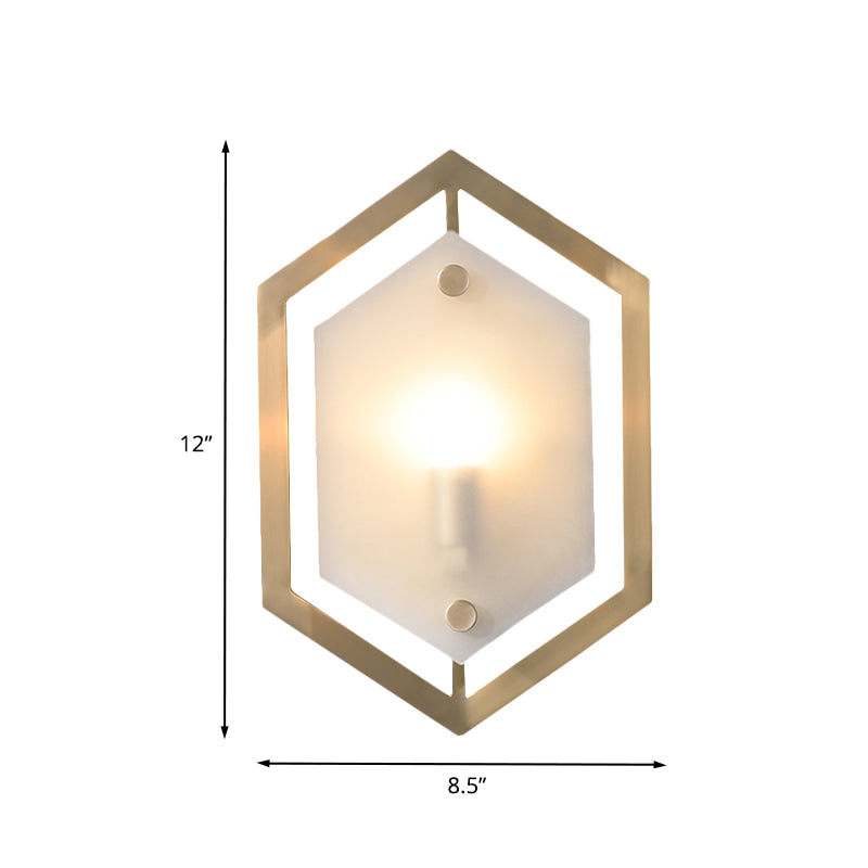 Hexagon Sconce Lighting Postmodern Metallic 1-Bulb Brass Wall Lamp Fixture with Translucent Glass Shade