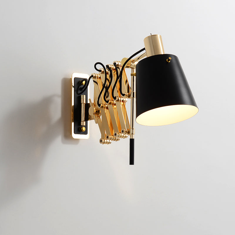 Expansion Arm Wall Mount Light Post Modern Metallic Gold 1-Head Sconce Lamp with Black Barrel Shade