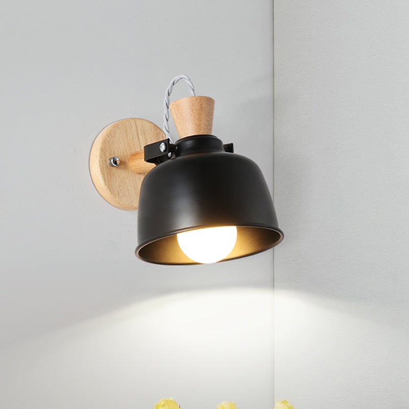 Bowl Bedside Wall Light Fixture Iron 1 Light Macaron Handle Sconce Lamp in Grey/Black with Wood Top and Backplate