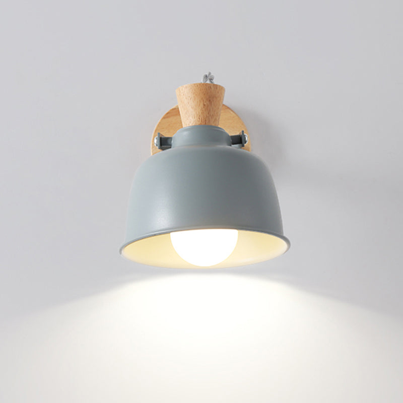 Bowl Bedside Wall Light Fixture Iron 1 Light Macaron Handle Sconce Lamp in Grey/Black with Wood Top and Backplate